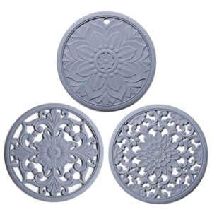 tenoc thick silicone trivet mats for hot pots & pans, heat resistant & non-slip holder for dishes & cookware, multi-use kitchen countertop table hot pads teapot coaster 7.87 inch, set of 3, grey