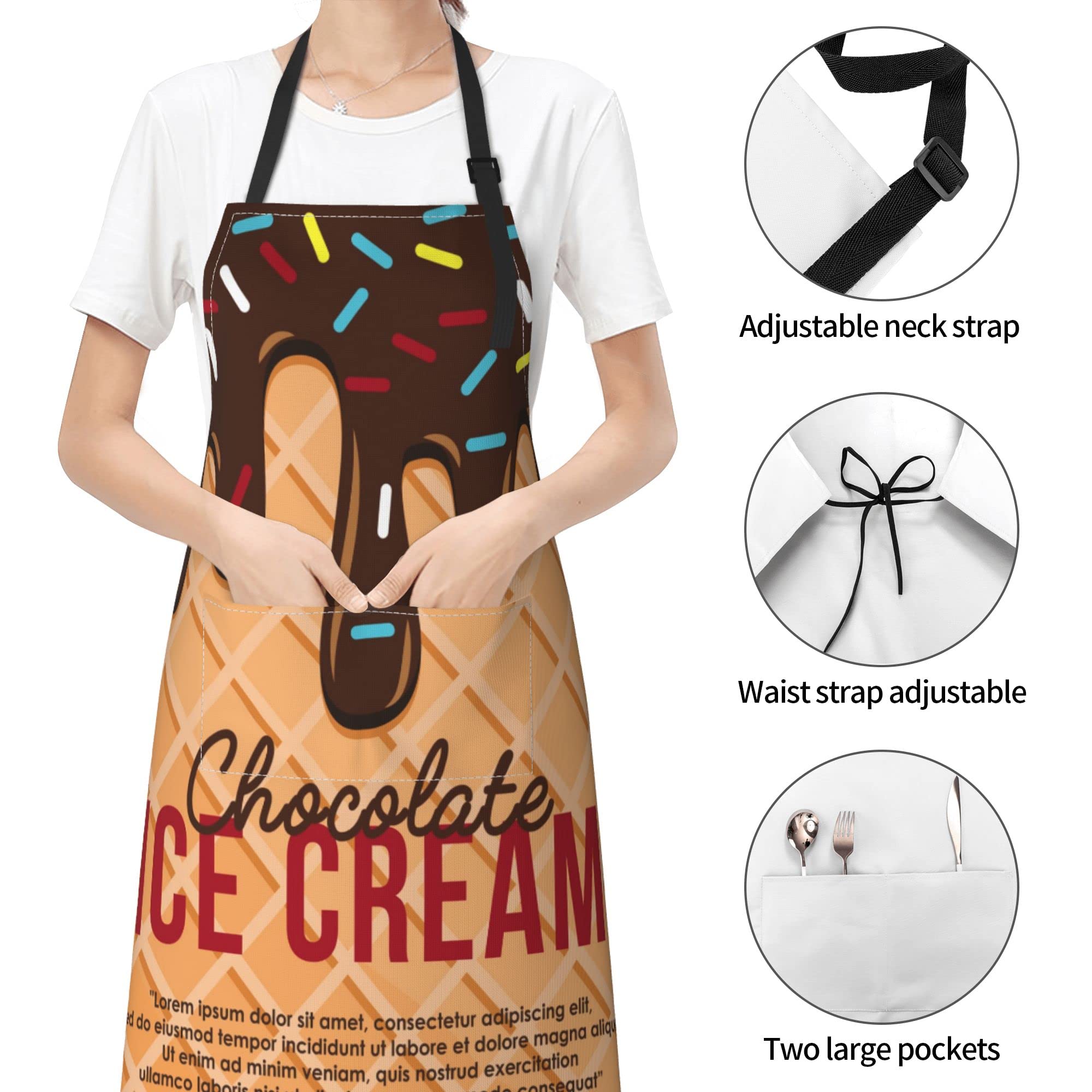 TONYSTAR Ice Cream Cute Aprons for Women with Pockets | 28 X 33 Inches | Cooking, Baking, Kitchen, Chef, Men's Apron | Christmas Gift | Waterproof and Adjustable Strap at Neck & Waist Ties