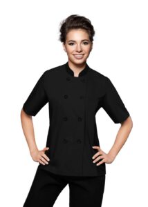 short sleeves side mesh vented chef coat jacket uniform for women food service, caterers, bakers and culinary professional (black, large)
