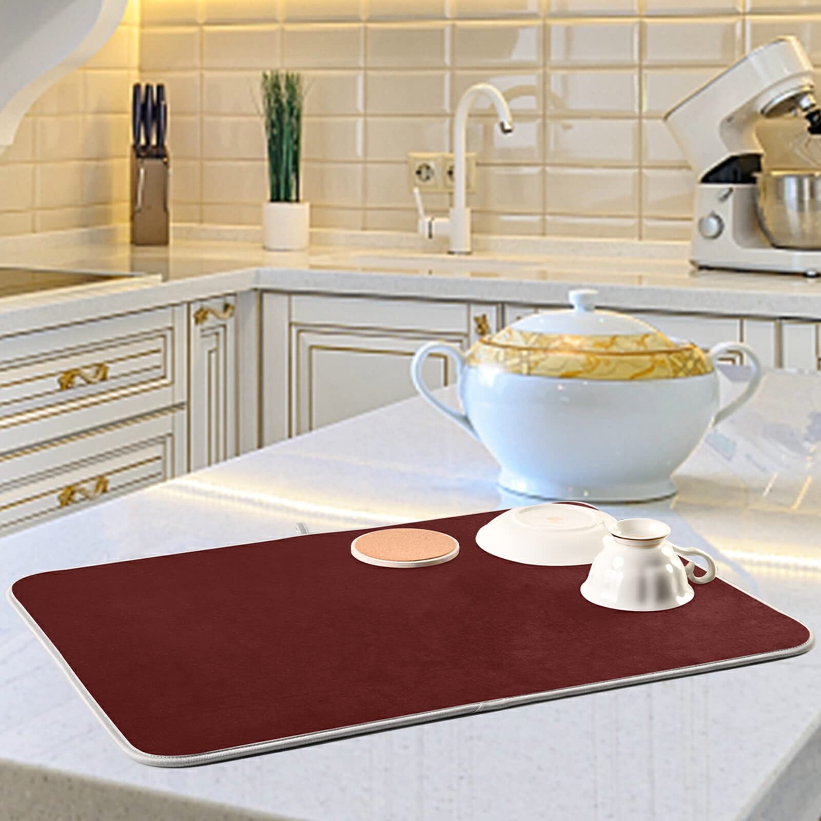 Burgundy Large Dish Drying Mat Xl for Dishes Kitchen Accessories Counter Microfiber Dish Drainer Pad Heat Resistant Mat Decor 18x24 Inch