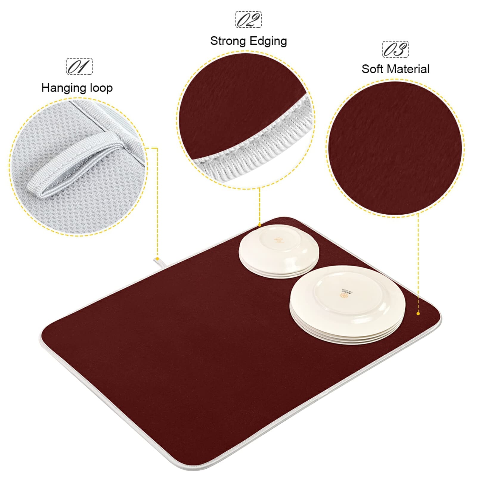 Burgundy Large Dish Drying Mat Xl for Dishes Kitchen Accessories Counter Microfiber Dish Drainer Pad Heat Resistant Mat Decor 18x24 Inch