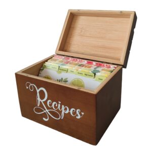 lumicook cursive wood recipe box with 120 double sided cards and 7 dividers | bamboo recipe card box with phone and card holder | dark brown bamboo wood recipe organizer