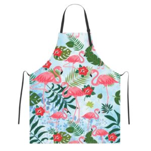 wizfuyq pink flamingo tropical leaves flowers waterproof work apron baking aprons novelty cooking chef gift for men women bbq grilling with 2 pockets kitchen apron