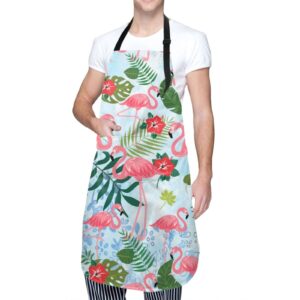 Wizfuyq Pink Flamingo Tropical Leaves Flowers Waterproof Work Apron Baking Aprons Novelty Cooking Chef Gift For Men Women Bbq Grilling With 2 Pockets Kitchen Apron