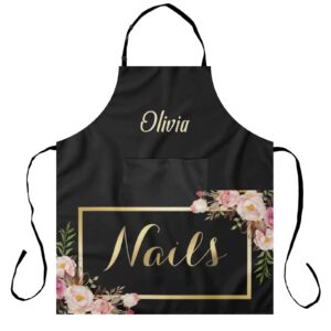 makeunique nail salon black personalized aprons for women men kitchen cooking baking housework hairstylist barber chef apron with pockets, 27.56x31.5 inch