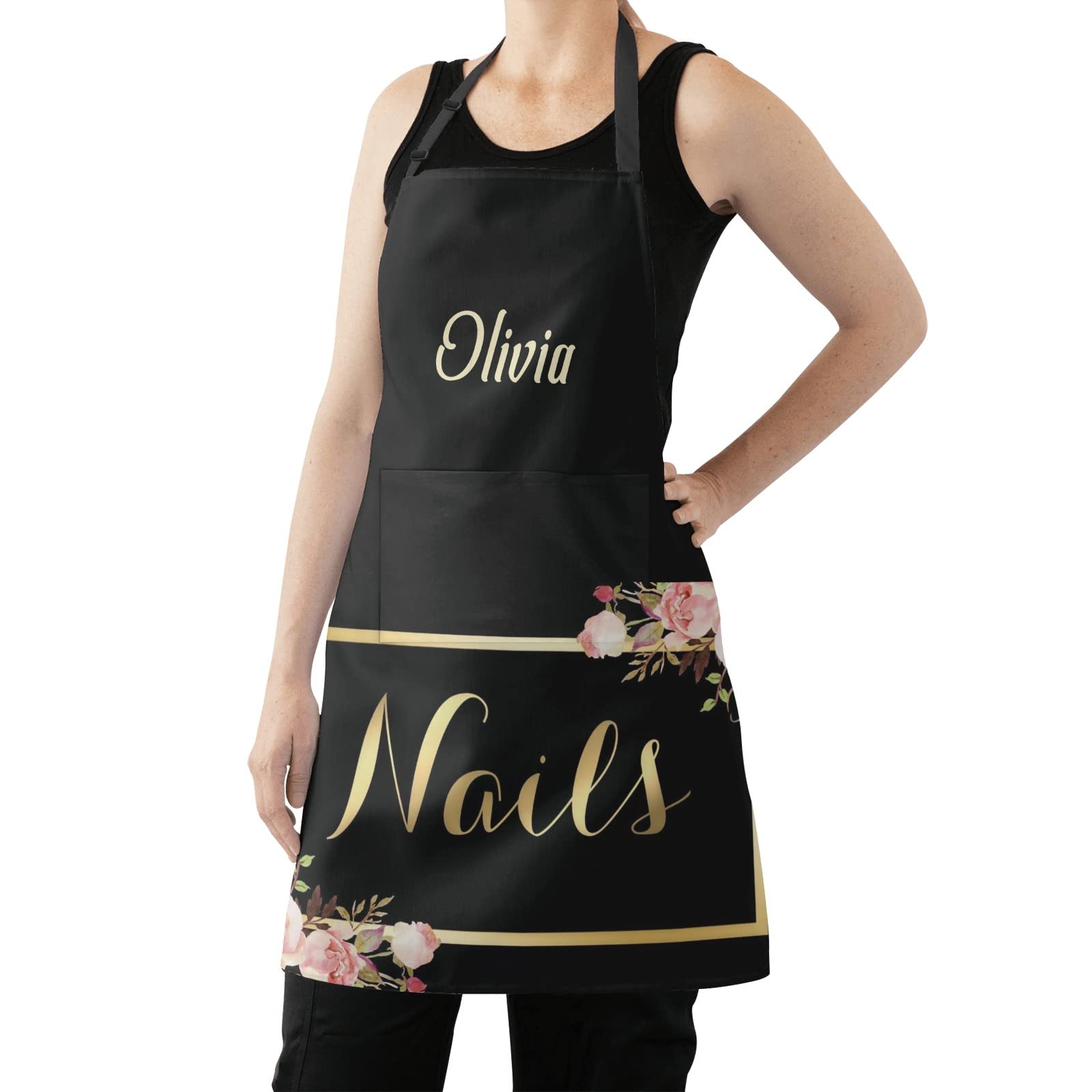 MakeUnique Nail Salon Black Personalized Aprons for Women Men Kitchen Cooking Baking Housework Hairstylist Barber Chef Apron with Pockets, 27.56x31.5 inch