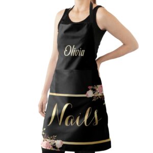 MakeUnique Nail Salon Black Personalized Aprons for Women Men Kitchen Cooking Baking Housework Hairstylist Barber Chef Apron with Pockets, 27.56x31.5 inch