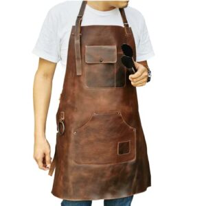 elw full grain leather apron-2 pouch leather apron, bbq apron, men and women's apron, kitchen, cooking, bartending, workshop, blacksmith, gardening, one size fit adjustable for men & women dark brown