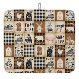 farm animals dish drying mat for kitchen counter, farmhouse rustic cow pig rooster plaid baby bottle microfiber drying pad, absorbent coffee cup dishes drainer mats 18"x24"