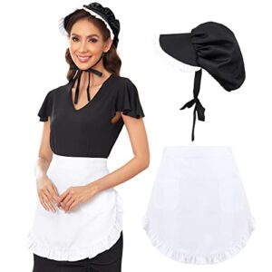 kuoin waist apron bonnet set colonial apron cap ruffle retro maid hat apron with pockets cooking kitchen revolutionary dress up cosplay (black)
