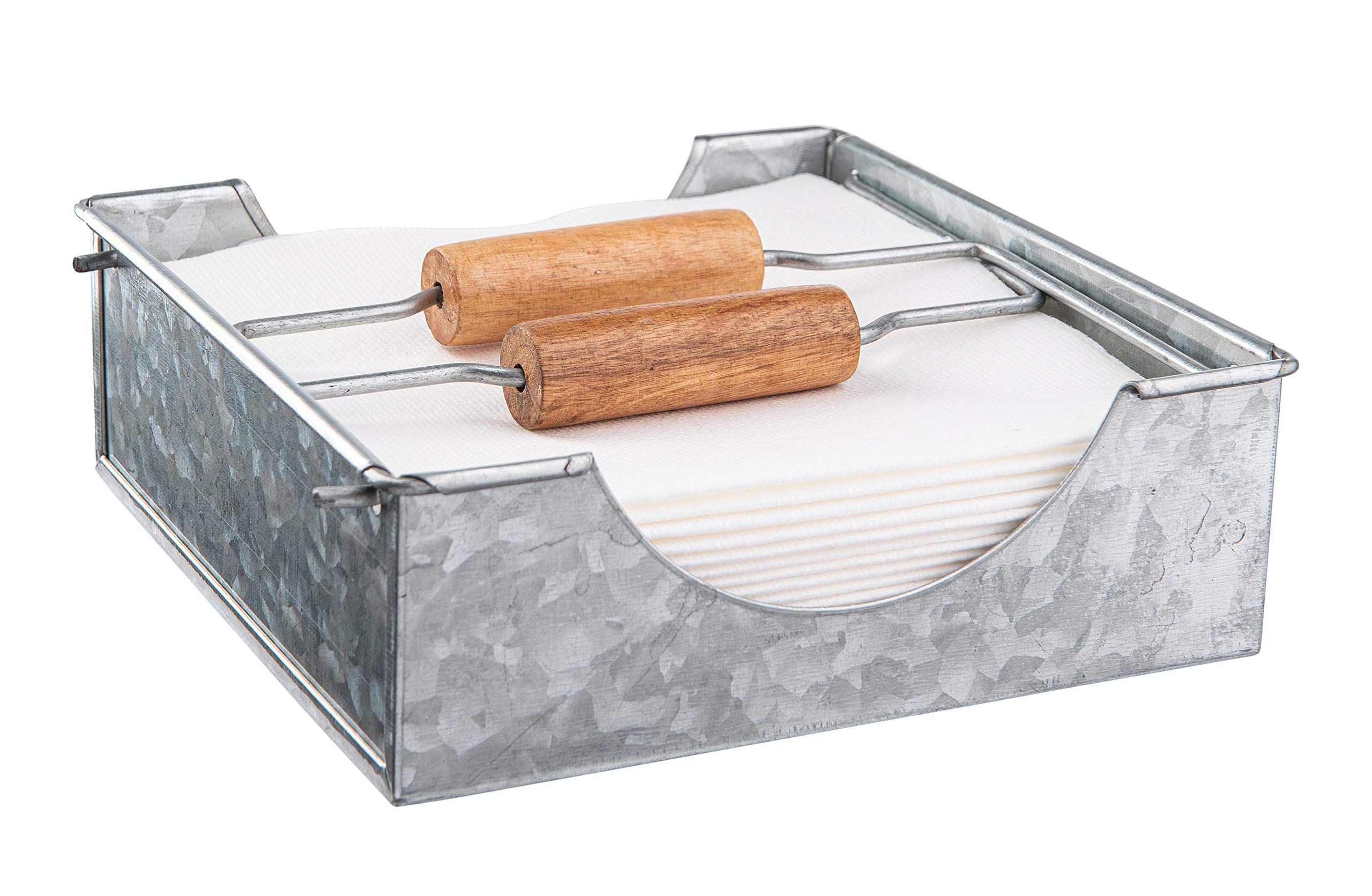 Royalty Art Galvanized Napkin Holder with Dual Wooden Handles - Rustic Square Design for Country Style Kitchens and Dining Rooms - Heavy-Duty Paper Storage for Indoor and Outdoor Use