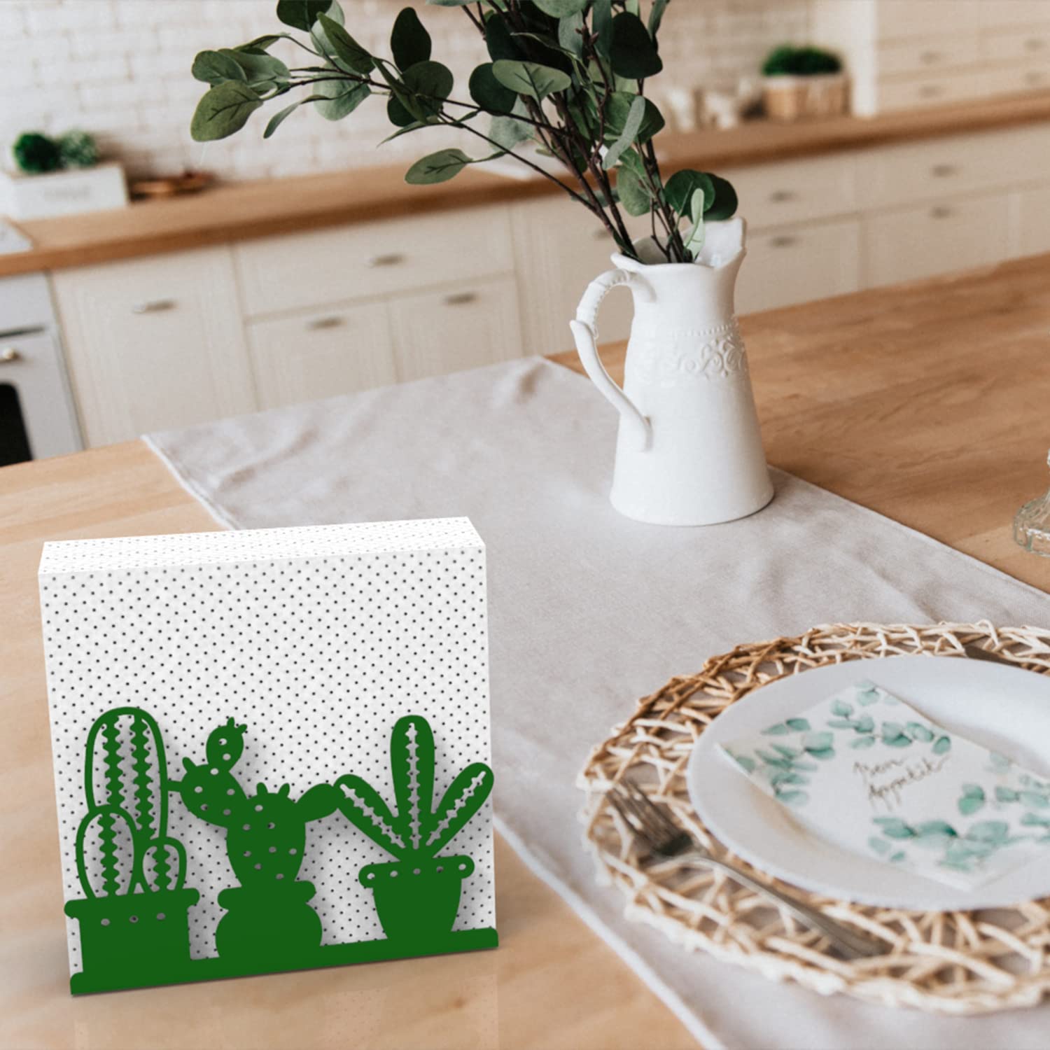 Decorelax Metal Napkin Holder for Home Kitchen Restaurant Picnic - Cactus Design Tabletop Paper Organizer Upright Tissue Dispenser (Green)