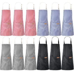 handepo 12 pcs cooking kitchen aprons unisex soft chef kitchen aprons with pockets cotton polyester blend adjustable bib aprons for women men, crafting bbq, black, blue, pink, grey stripes