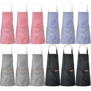 Handepo 12 Pcs Cooking Kitchen Aprons Unisex Soft Chef Kitchen Aprons with Pockets Cotton Polyester Blend Adjustable Bib Aprons for Women Men, Crafting Bbq, Black, Blue, Pink, Grey Stripes