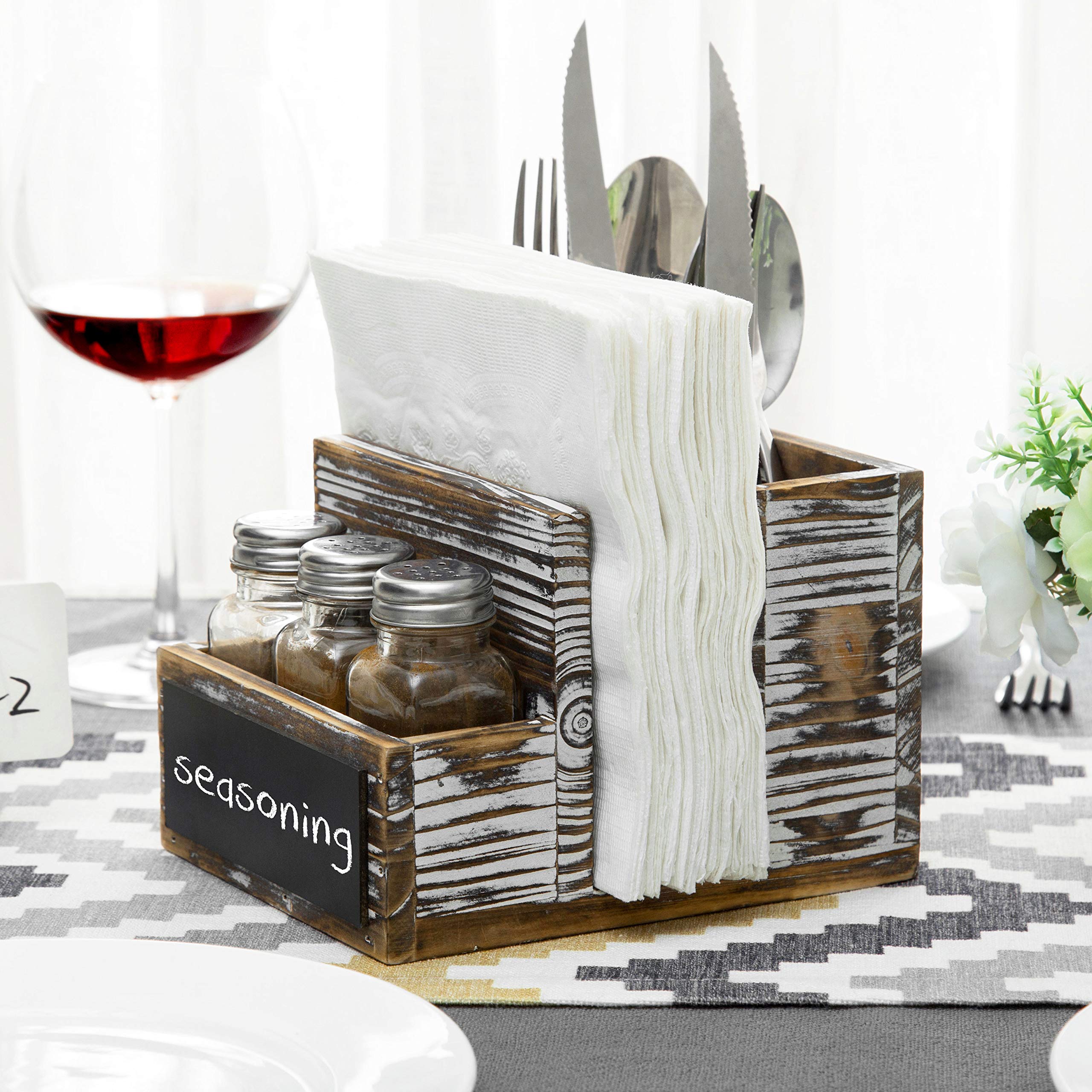 MyGift Torched Solid Wood Farmhouse Napkin and Salt and Pepper Shakers, Tabletop Napkin Holder, Condiment and Utensil Holder with Chalkboard