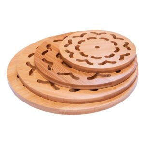 alfeel 4 piece bamboo trivet - home kitchen multifunction bamboo heat resistant pads trivet, round multi-size placemat coaster for hot dishes/pot/bowl/cup/mup/teapot/hot pot holders (4 piece)