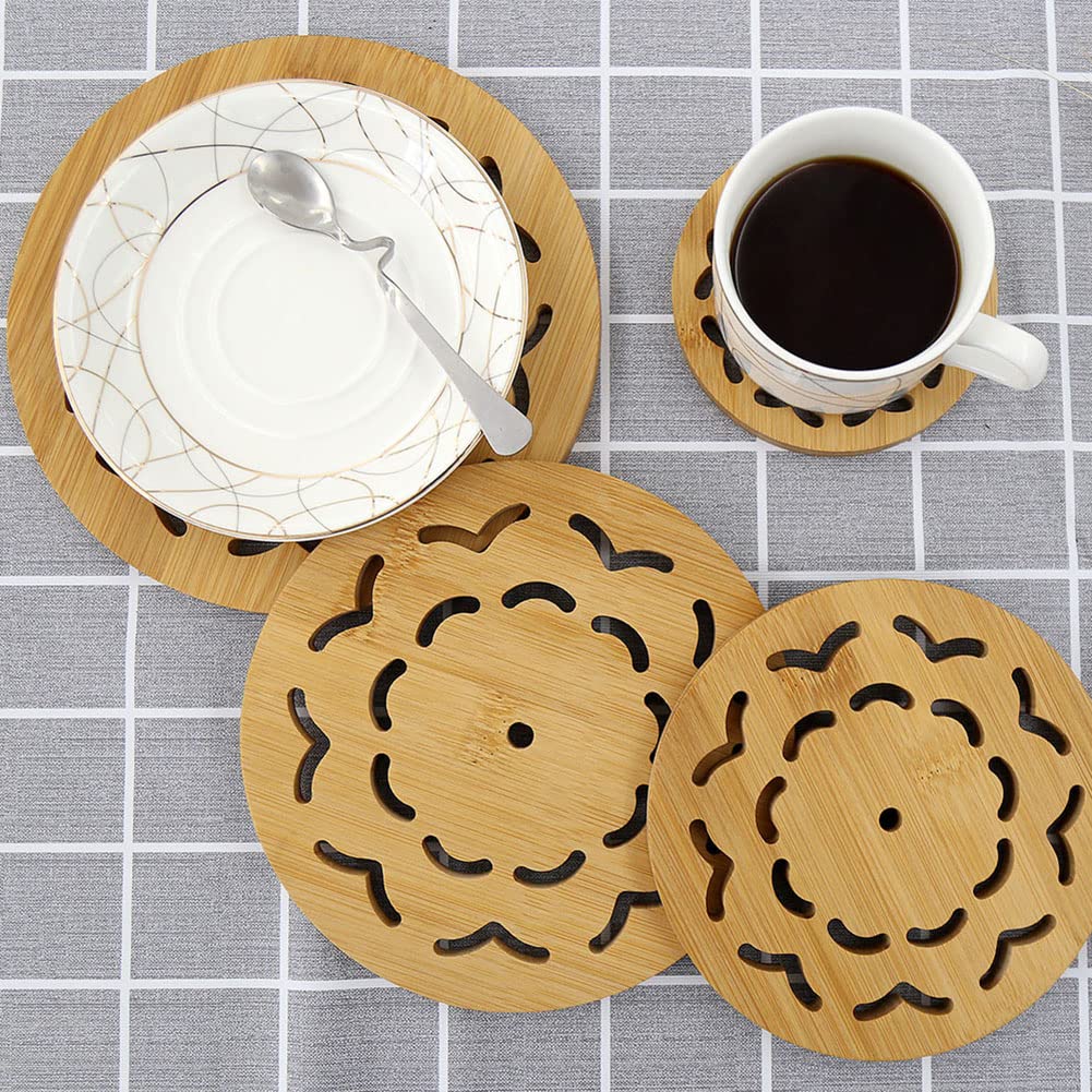 ALFEEL 4 Piece Bamboo Trivet - Home Kitchen Multifunction Bamboo Heat Resistant Pads Trivet, Round Multi-Size Placemat Coaster for Hot Dishes/Pot/Bowl/Cup/Mup/Teapot/Hot Pot Holders (4 Piece)