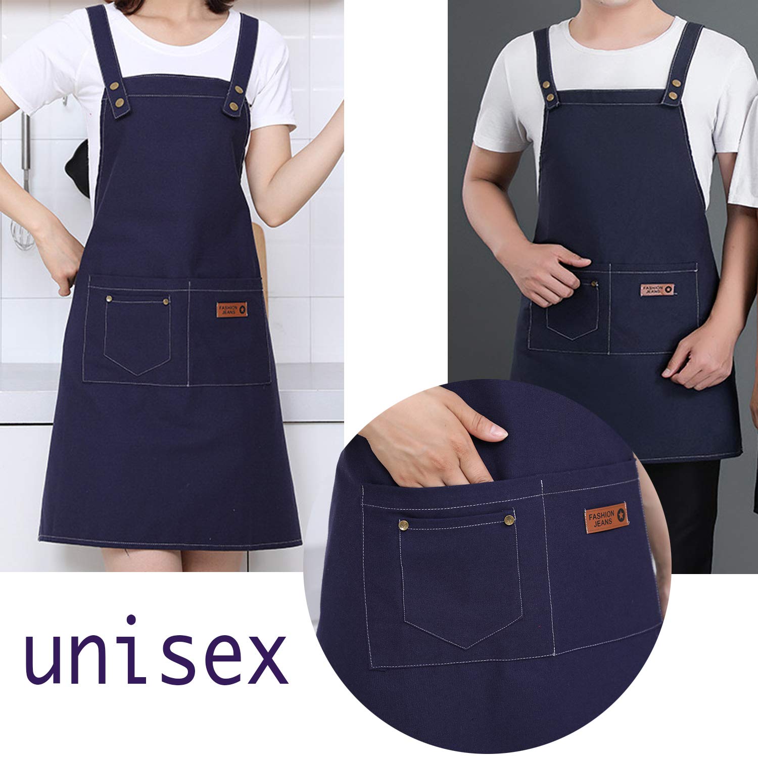 Adjustable Canvas Bib Apron With 3 Pockets Cooking Kitchen Artist Apron For Women Men (Blue)