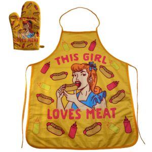 this girl loves meat apron funny hot dog backyard bar-b-que grilling kitchen smock funny graphic kitchenwear funny food novelty cookware navy oven mitt + apron