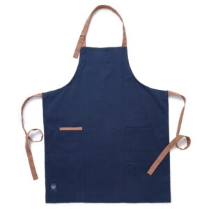 encasa homes adjustable kitchen cotton apron with pockets & towel holder of size 27 x 33 inch (scotch blue + tan straps) for men & women chefs for cooking & baking in home, restaurants & barbeque