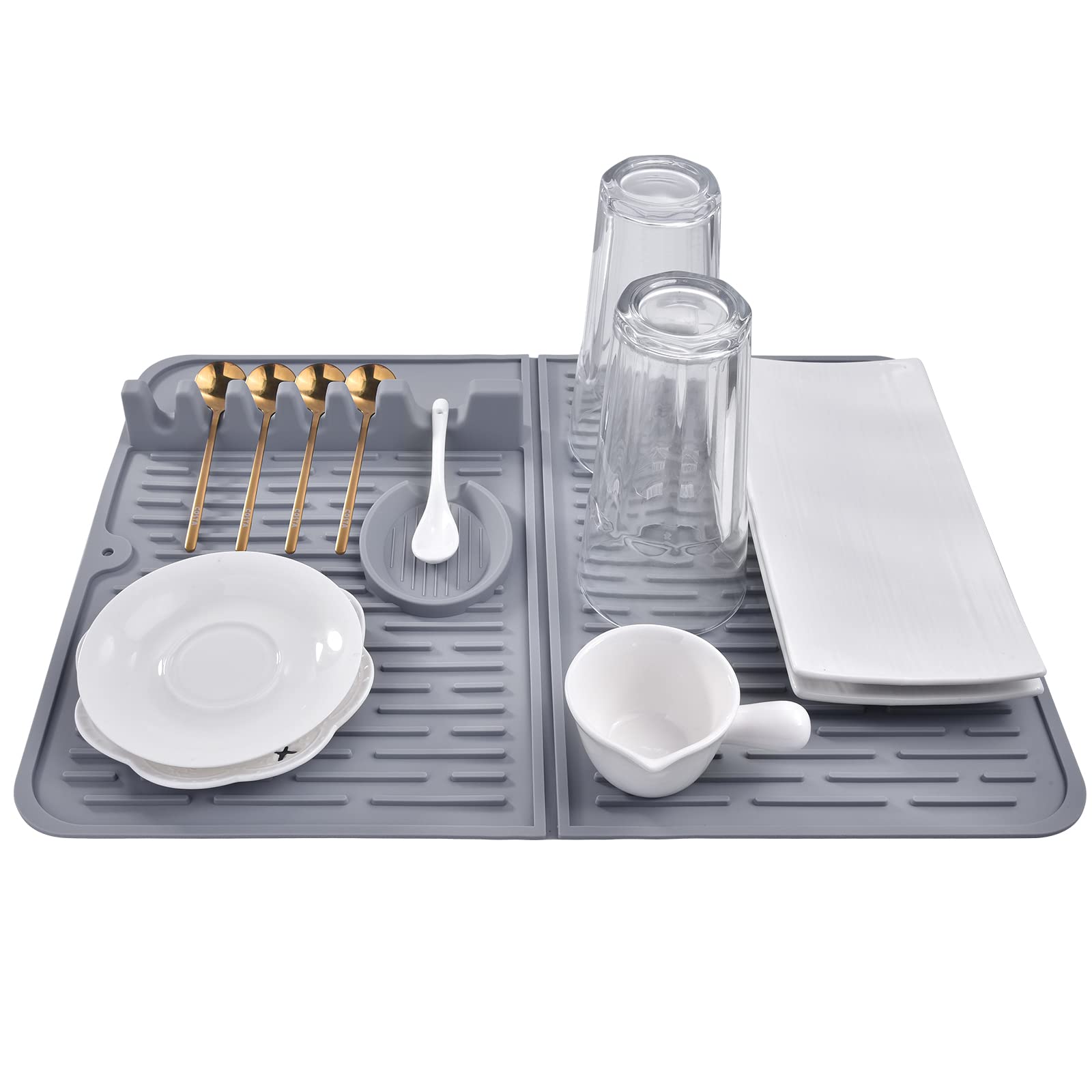 VENMATE Silicone Dish Drying Mats for Kitchen Counter, Heat Resistant Mat, Spoon Rest, Utensil Rest spatula holder with Drip Mat, Sink Mat with Cooking Spoon Holder(Grey(19" x 14"))