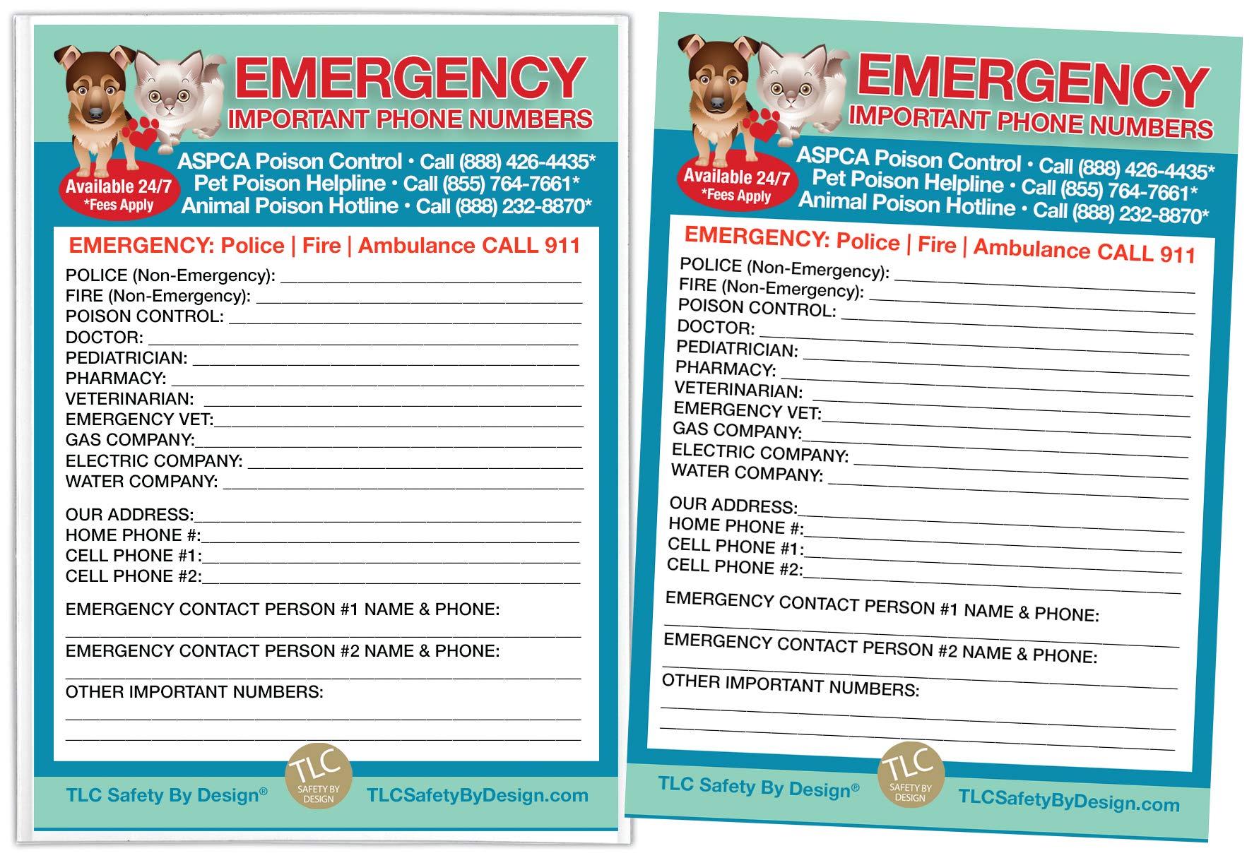 TLC Safety By Design Emergency Contact Fridge List in 5.5” x 7.5” Plastic Cover Magnetic Sleeve Refrigerator Safety Important Phone Call Numbers (Pet Medical ICE, 2 Cards and 1 Magnetic Sleeve)