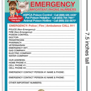 TLC Safety By Design Emergency Contact Fridge List in 5.5” x 7.5” Plastic Cover Magnetic Sleeve Refrigerator Safety Important Phone Call Numbers (Pet Medical ICE, 2 Cards and 1 Magnetic Sleeve)