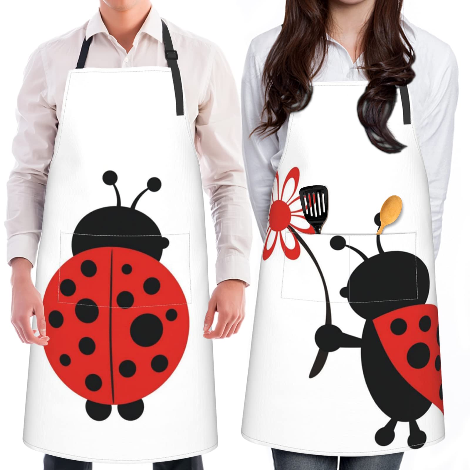 Sofevaim Funny Couples Aprons - 2 Pack Fall Apron Cooking Kitchen Aprons for Women with Pockets, Wedding Engagement Gifts for Couples, Ladybug Aprons for Men