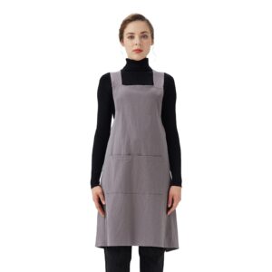 surblue cotton linen cross back aprons solid color unisex pinafore vintage apron japanese style with 2 pockets for kitchen cooking baking painting gardening cleaning for women men, grey
