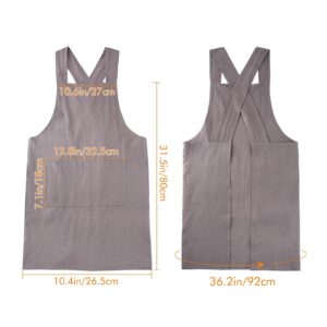 Surblue Cotton Linen Cross Back Aprons Solid Color Unisex Pinafore Vintage Apron Japanese Style with 2 Pockets for Kitchen Cooking Baking Painting Gardening Cleaning for Women Men, Grey