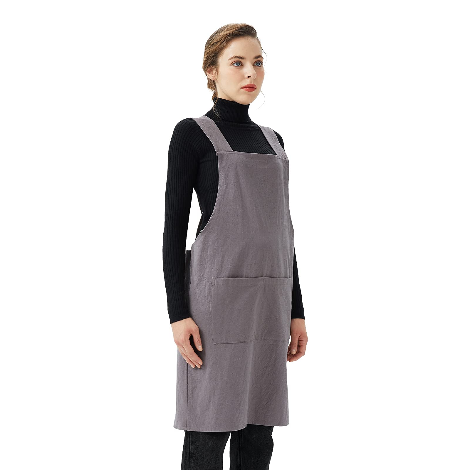 Surblue Cotton Linen Cross Back Aprons Solid Color Unisex Pinafore Vintage Apron Japanese Style with 2 Pockets for Kitchen Cooking Baking Painting Gardening Cleaning for Women Men, Grey