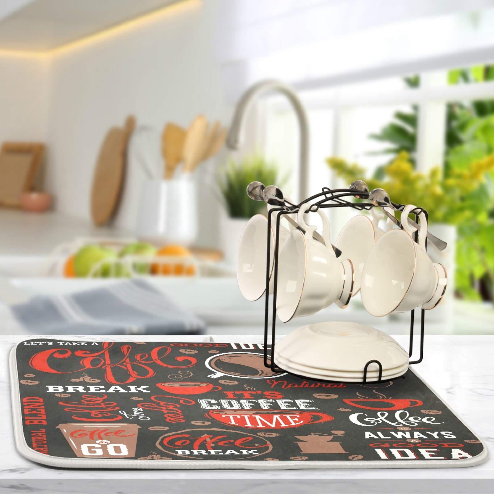 Coffee Theme Beans Dish Drying Mat for Kitchen Counter 16 x 18 Inch Absorbent Microfiber Dry Dishes Mats Drainer Mat Dish Drying Pad for Countertops