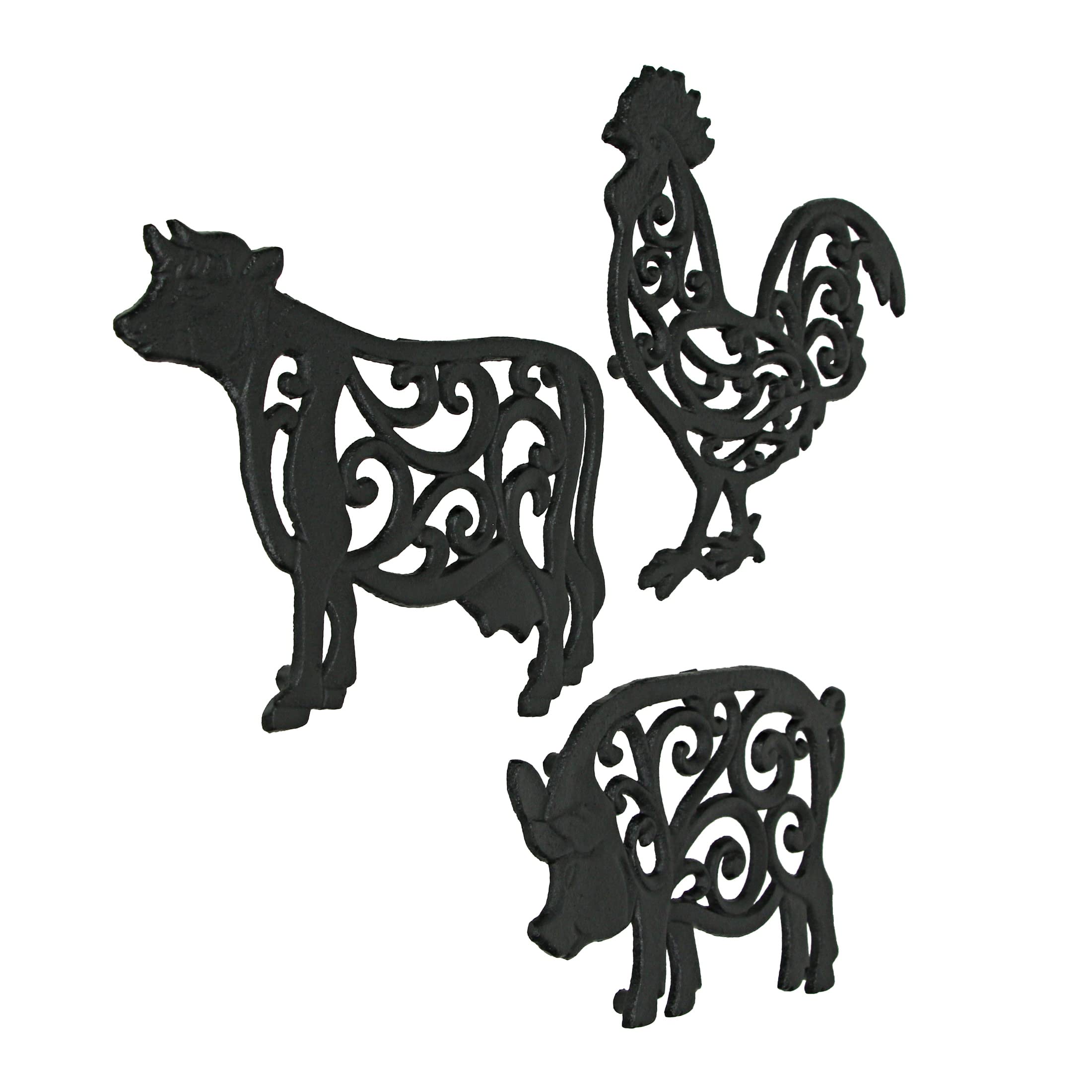Set of 3 Black Cast Iron Farm Animal Kitchen Décor Trivets Rooster Pig and Cow Decorative Wall Hanging Art 9 Inches Long Farmhouse Style Table Accents
