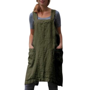 amlztr women's pinafore apron cross back apron with pockets cotton linen apron dress plus size