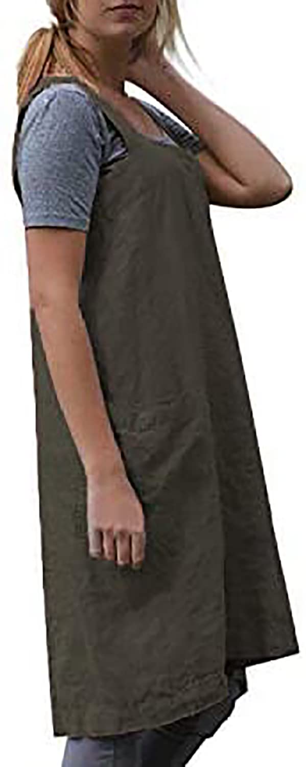 Amlztr Women's Pinafore Apron Cross Back Apron with Pockets Cotton Linen Apron Dress Plus Size