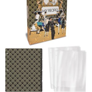 Better Kitchen Products Recipe Binder, Full Page 3 Ring Standard Binder Organizer Set (with 50 Page Protectors & 12 Category Divider Tabs) 11.5" x 12", Art Deco Roaring 20's Design