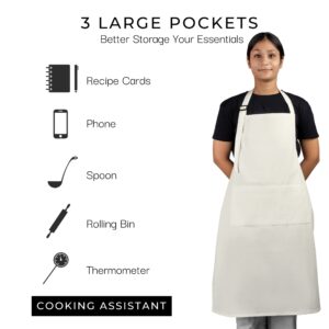 RAJRANG Chef Apron for Women Men with Pockets Cotton Kitchen Cooking Long Aprons Marshmallow 35x27 Inches