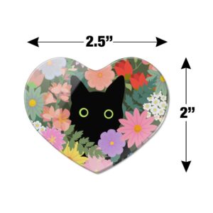 Black Cat Hiding in Spring Flowers Heart Acrylic Fridge Refrigerator Magnet