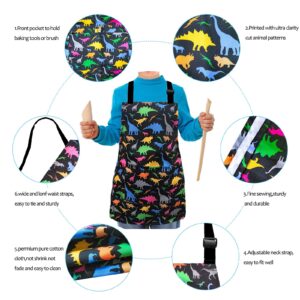 MRYUWB 2 Pack Boys Dinosaur Apron, Girls Rainbow Unicorn Aprons for Cooking, Painting, Kitchen Chef Apron for Kids 3-12 Years (Powerful Dinosaurs, Large (6-12 Years))