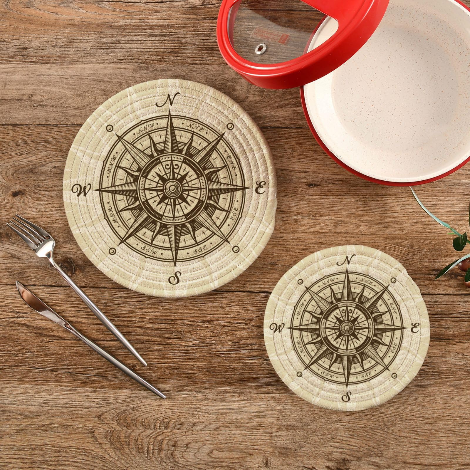 Round Woven Placemats Cotton Trivets Pot Holders 2 Pcs Set for Hot Dishes Hot Pots Pans, Vintage Nautical Compass Rose Kitchen Placemats Coasters Potholders Set Hot Pads Table Mats