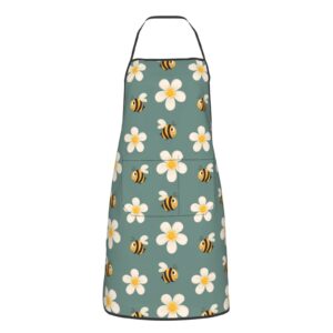 weecool retro daisy and bee apron for men women with 2 pockets, bee print waterproof adjustable aprons for cooking painting