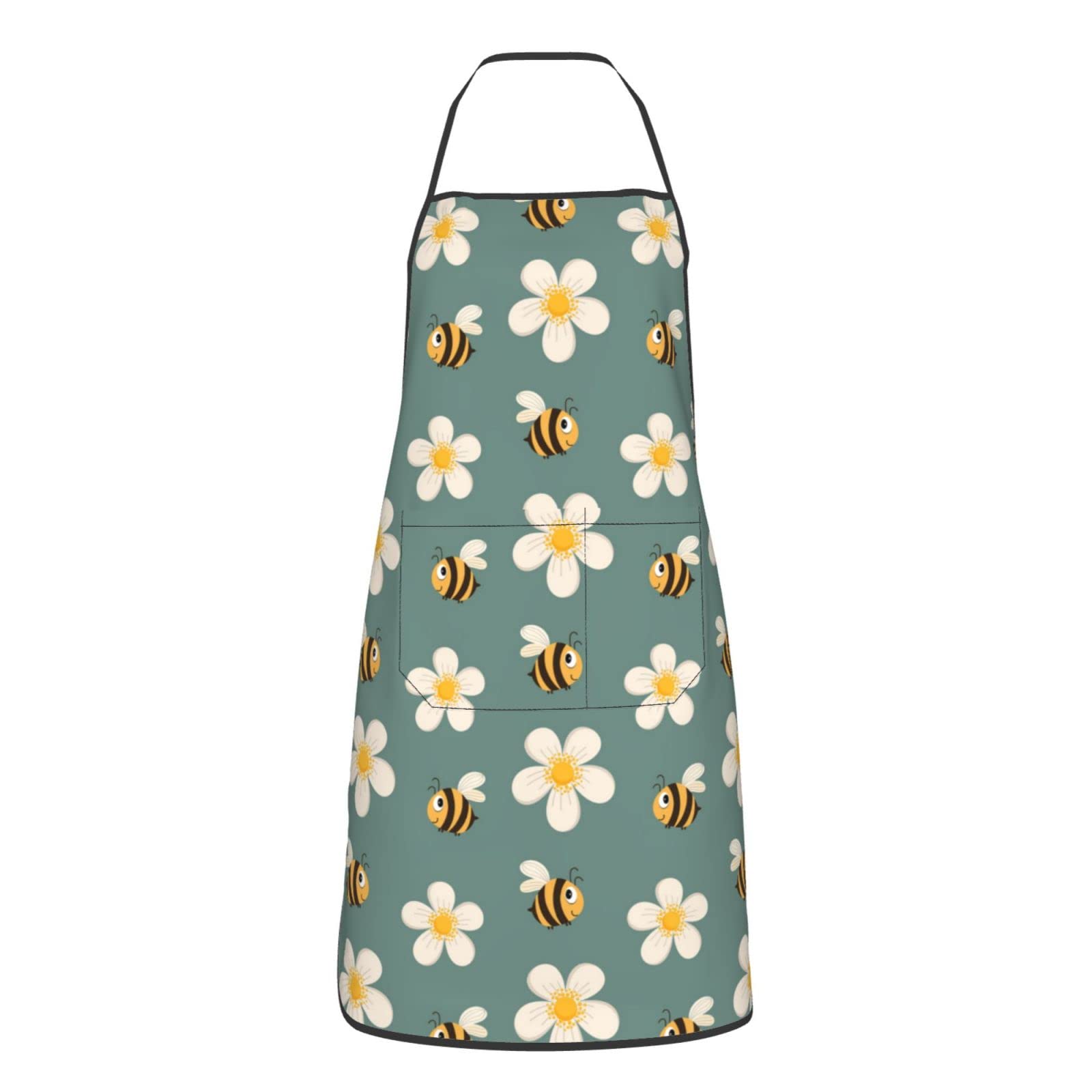 weecool Retro Daisy and Bee Apron for Men Women with 2 Pockets, Bee Print Waterproof Adjustable Aprons for Cooking Painting