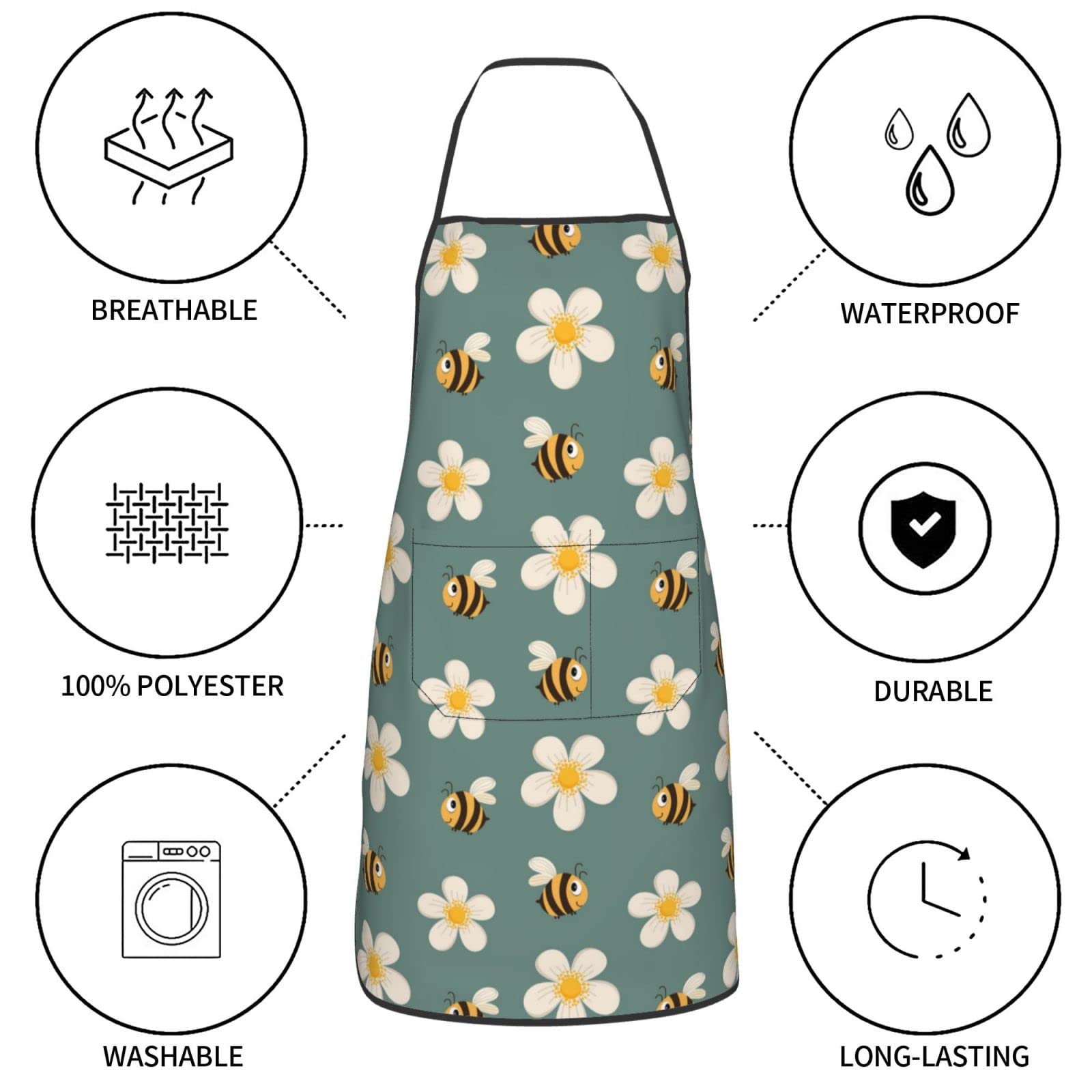 weecool Retro Daisy and Bee Apron for Men Women with 2 Pockets, Bee Print Waterproof Adjustable Aprons for Cooking Painting