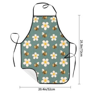 weecool Retro Daisy and Bee Apron for Men Women with 2 Pockets, Bee Print Waterproof Adjustable Aprons for Cooking Painting