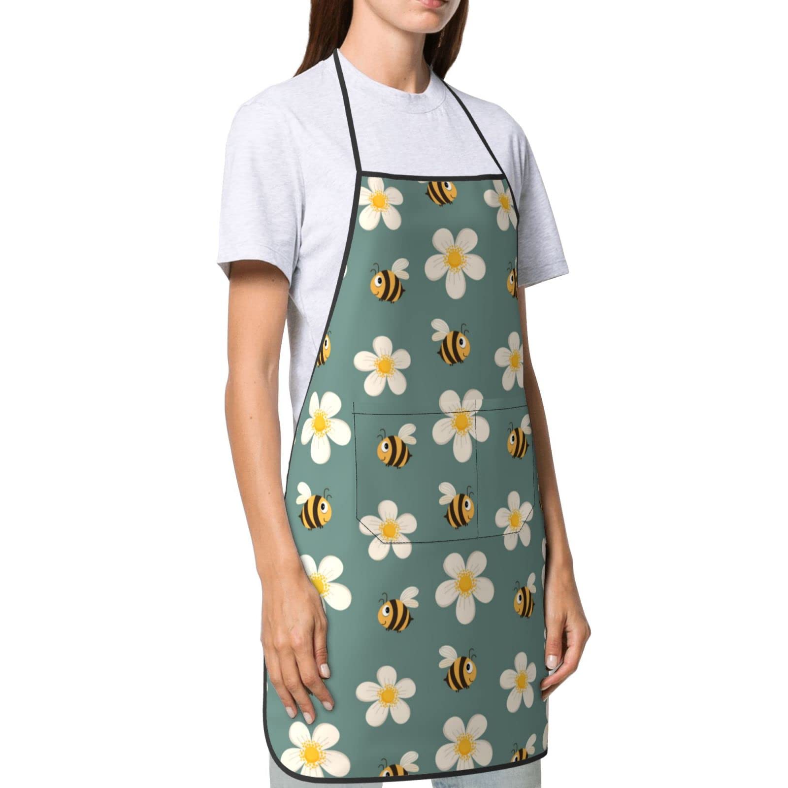 weecool Retro Daisy and Bee Apron for Men Women with 2 Pockets, Bee Print Waterproof Adjustable Aprons for Cooking Painting