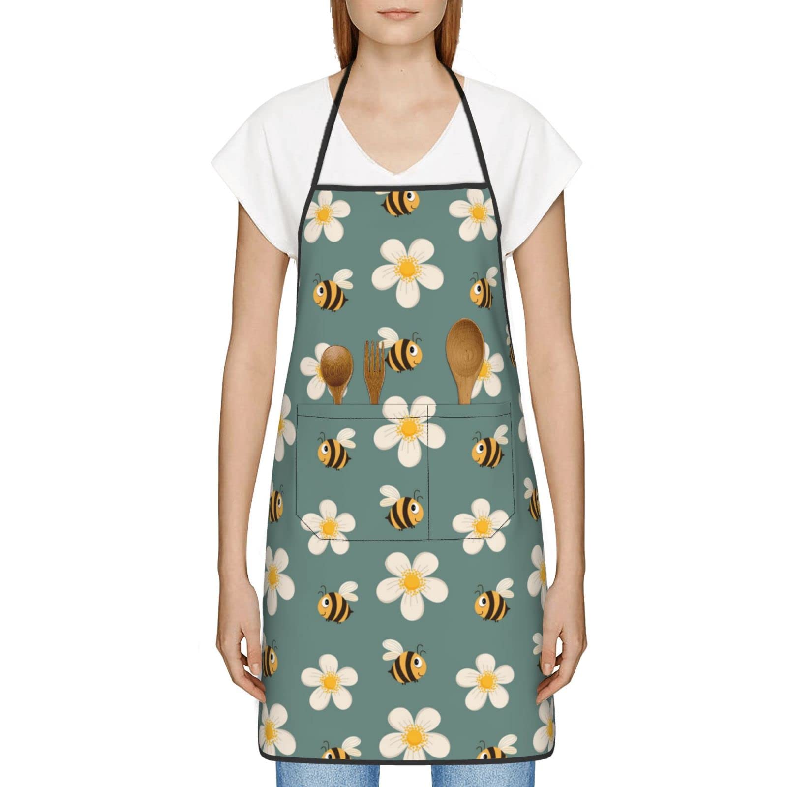 weecool Retro Daisy and Bee Apron for Men Women with 2 Pockets, Bee Print Waterproof Adjustable Aprons for Cooking Painting