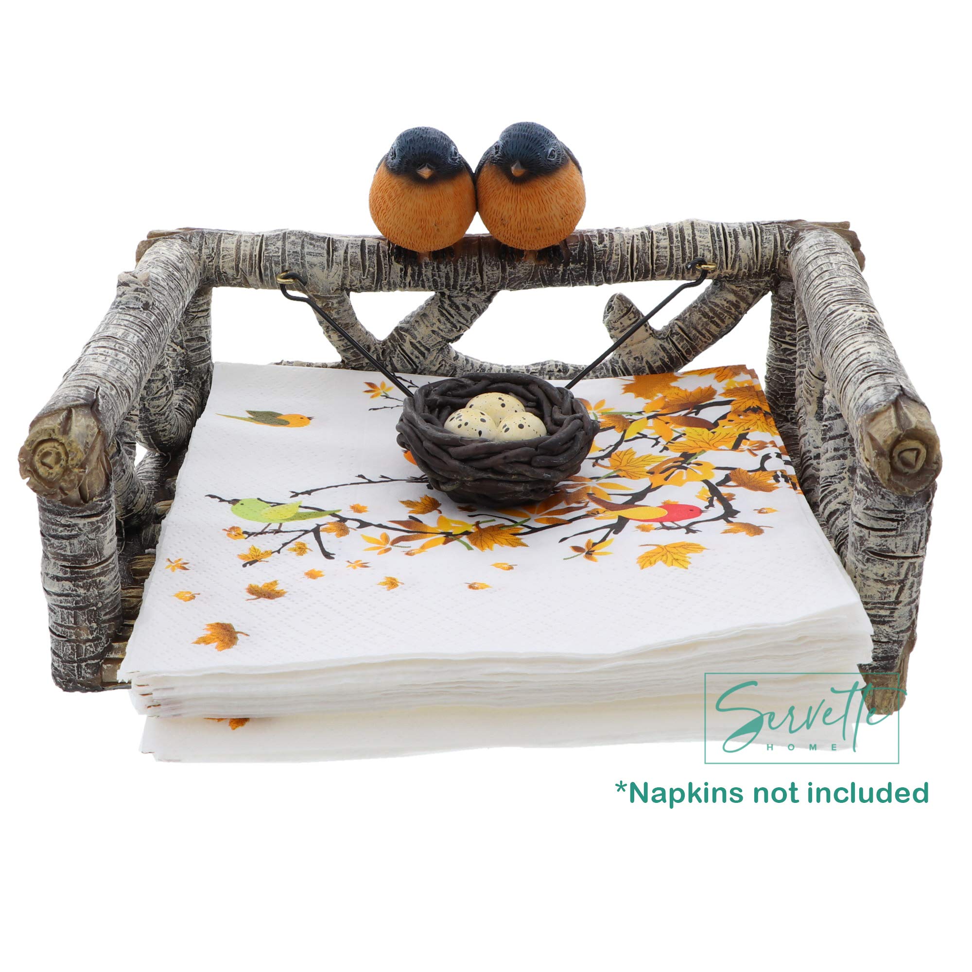 Rustic Polyresin Weighted Flat Napkin Holder - Birch Branches With Birds' Nest