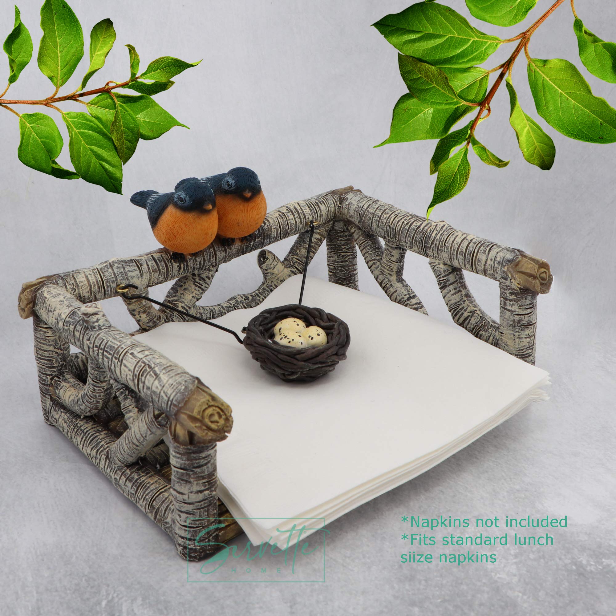 Rustic Polyresin Weighted Flat Napkin Holder - Birch Branches With Birds' Nest