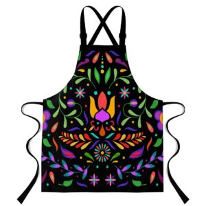 lshymn mexican apron 33.4x27.5 inches colorful plant leaves flowers printed bib apron,with 2 pockets with extra long waist tie apron wqxpmn38