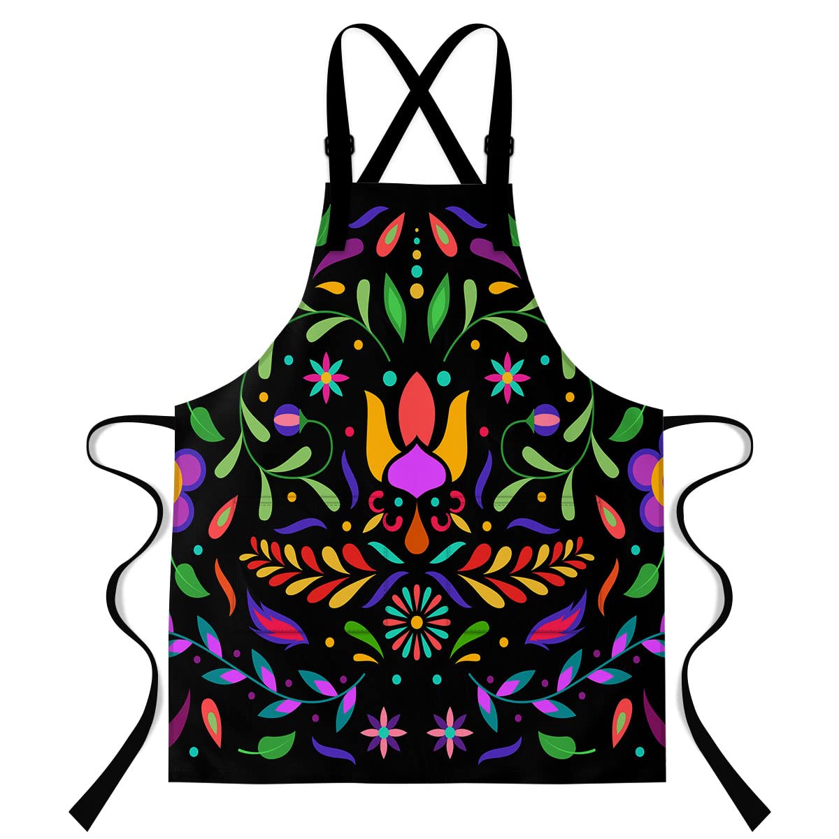 LshyMn Mexican Apron 33.4x27.5 Inches Colorful Plant Leaves Flowers Printed Bib Apron,with 2 Pockets with Extra Long Waist Tie Apron WQXPMN38